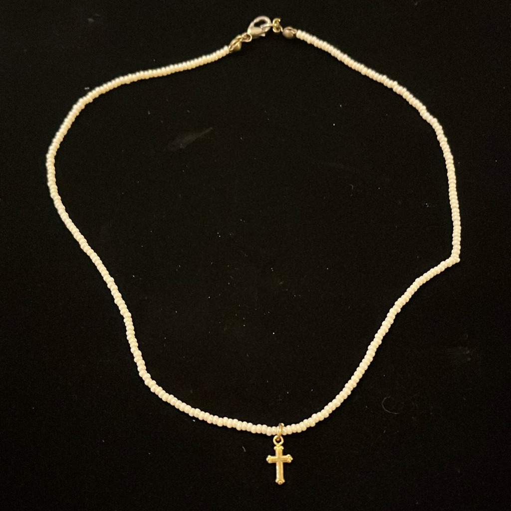 Pearl-Like Gold Cross Chocker Necklace